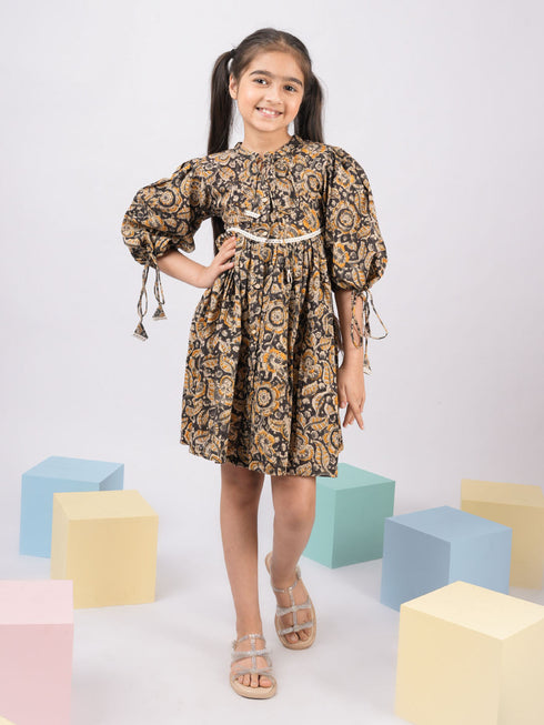 Girl's Black Cotton Dress With Kalamkari Print
